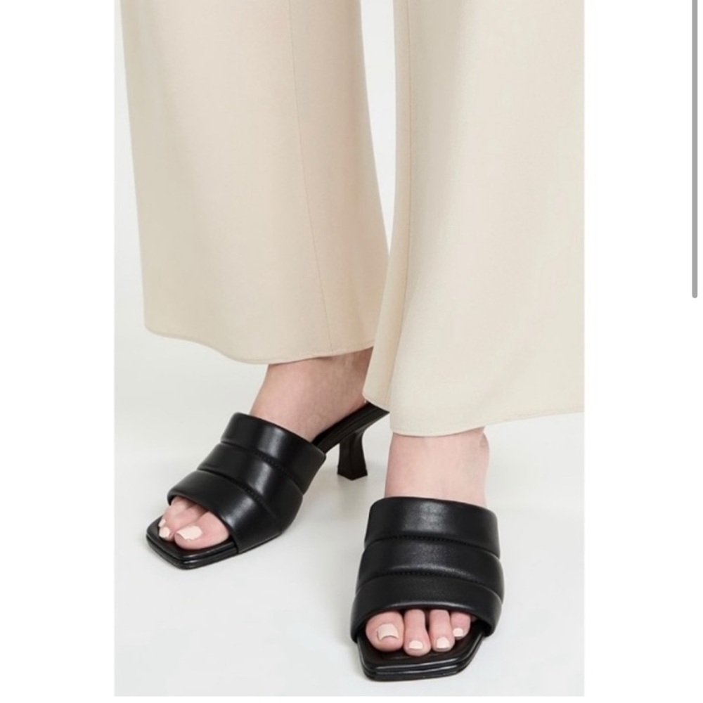 Vince Black Quilted Leather Square Toe Kitten Heel Sandals